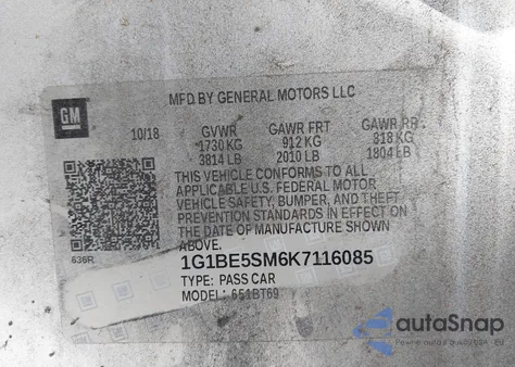 2019 Chevrolet Cruze Lt из США, поврежденный, VIN 1G1BE5SM6K7116085